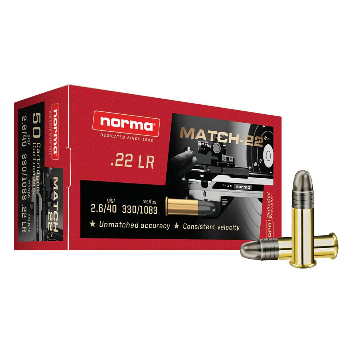 MUNIÇÃO NORMA MATCH CAL .22LR - LRN 40GR