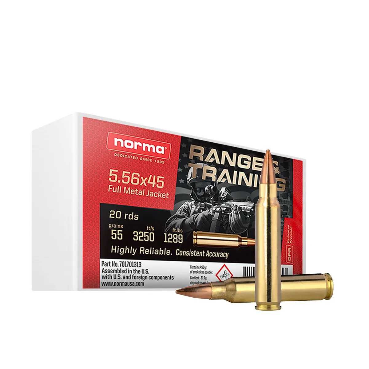 MUNIÇÃO NORMA RT CAL 5,56X45MM - FMJ 55GR