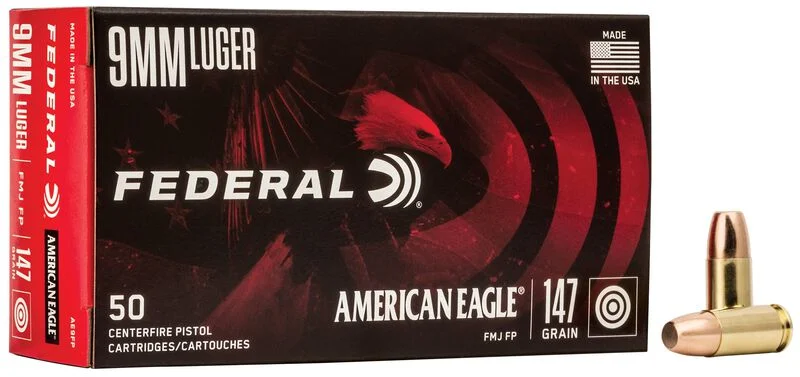 MUNIÇÃO FEDERAL CAL 9MM LUGER AMERICAN EAGLE FMJ - 147GR - CAIXA 50unid.